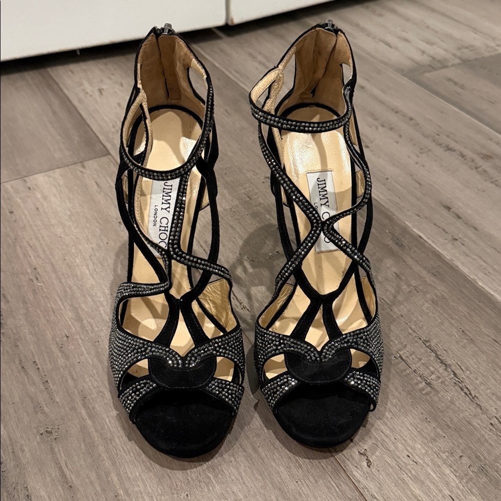 Jimmy Choo Black and Silver Strappy Heels - Picture 1 of 6